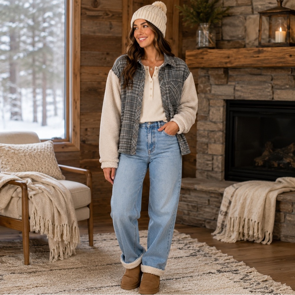 Papercrane Plaid Sherpa Sleeve Shacket Gray Wool Blend Button Front Small - Picture 7 of 8
